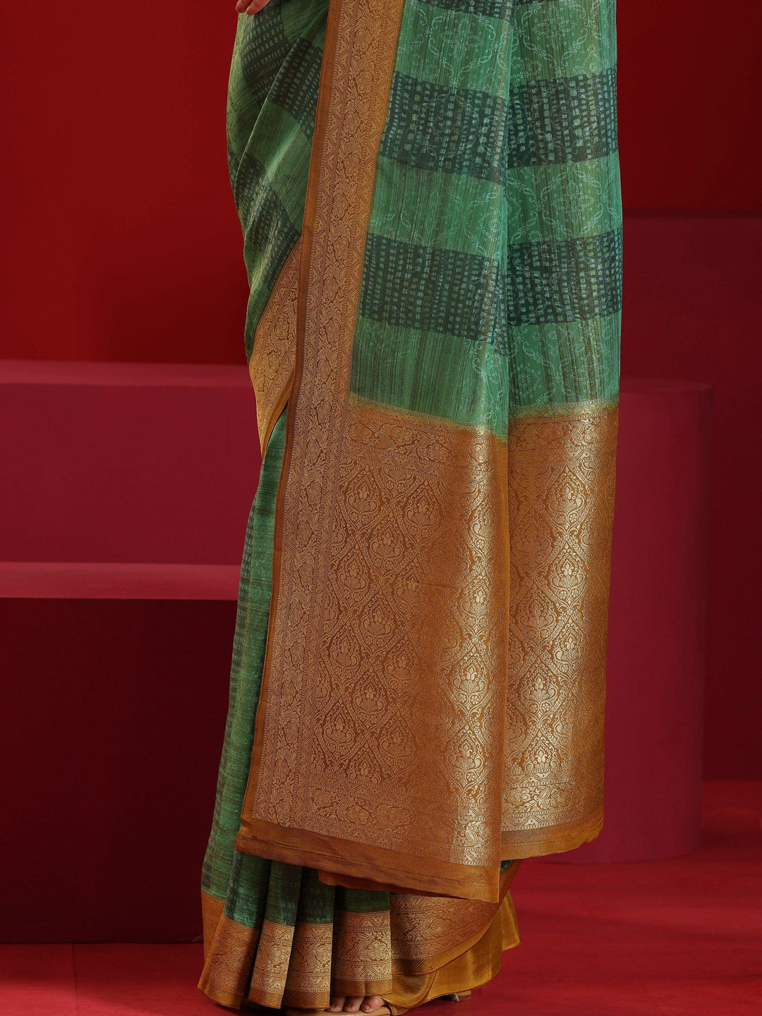 Libas Art Green Woven Design Satin Saree With Unstitched Blouse Piece - Libas 