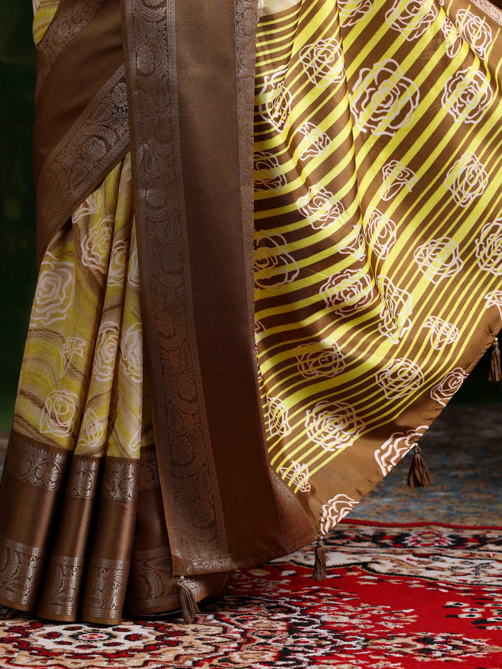 Khaki Brown Printed Silk Blend Saree With Unstitched Blouse Piece - Libas