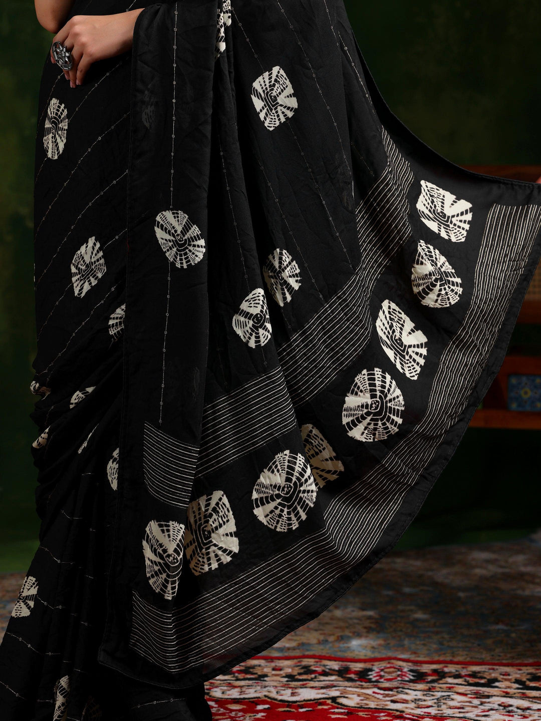 Black Printed Poly Chiffon Saree With Unstitched Blouse Piece - Libas 