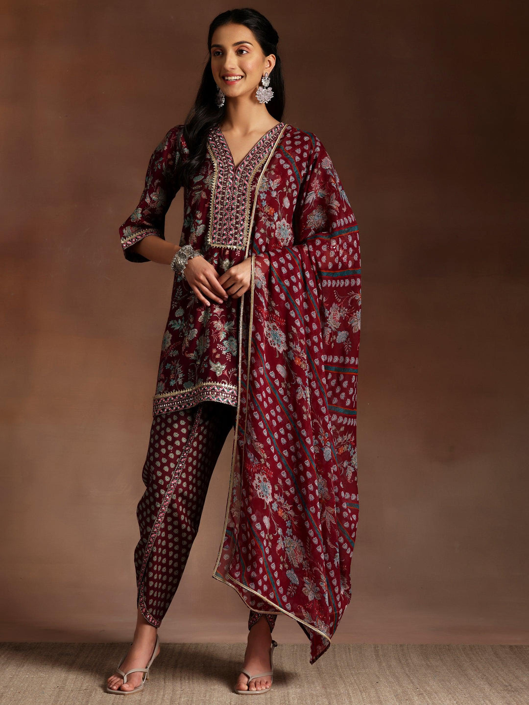 Burgundy Printed Silk Blend Straight Suit With Dupatta - Libas 