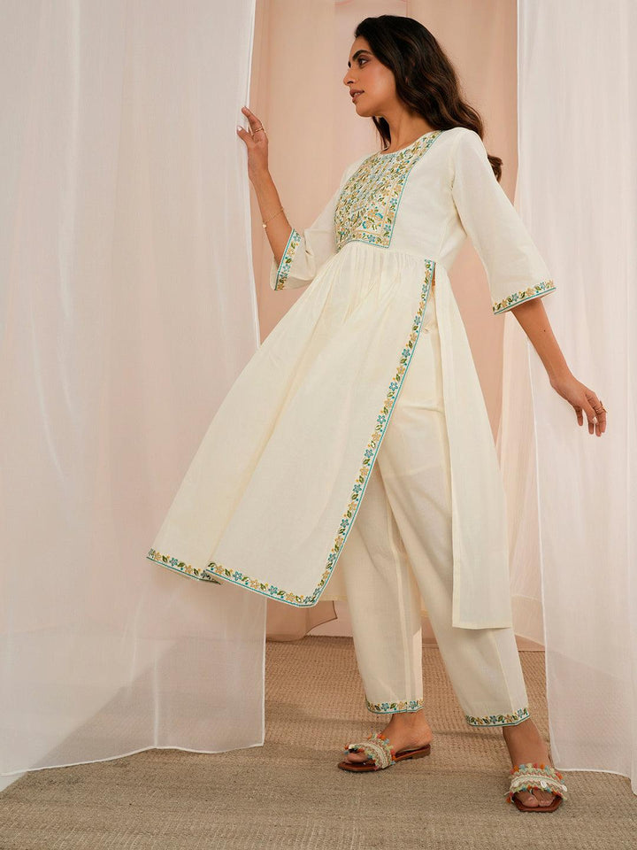 Off White Yoke Design Cotton A-Line Kurta With Palazzos & Dupatta - Libas