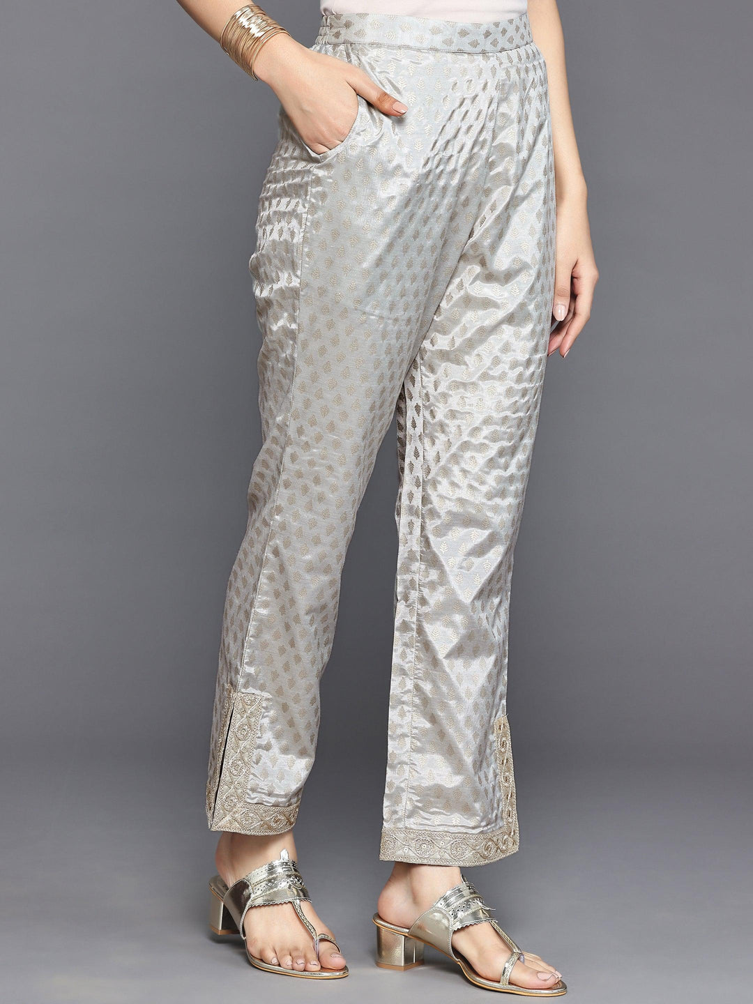 Grey Printed Silk Blend Straight Kurta Set - Libas