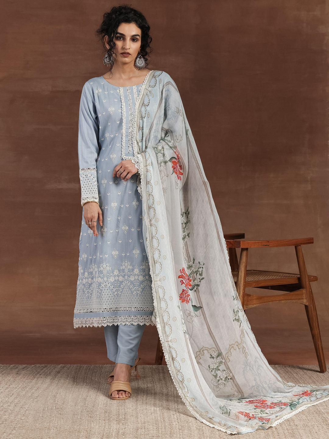 Blue Embroidered Silk Blend Straight Suit With Dupatta - Libas