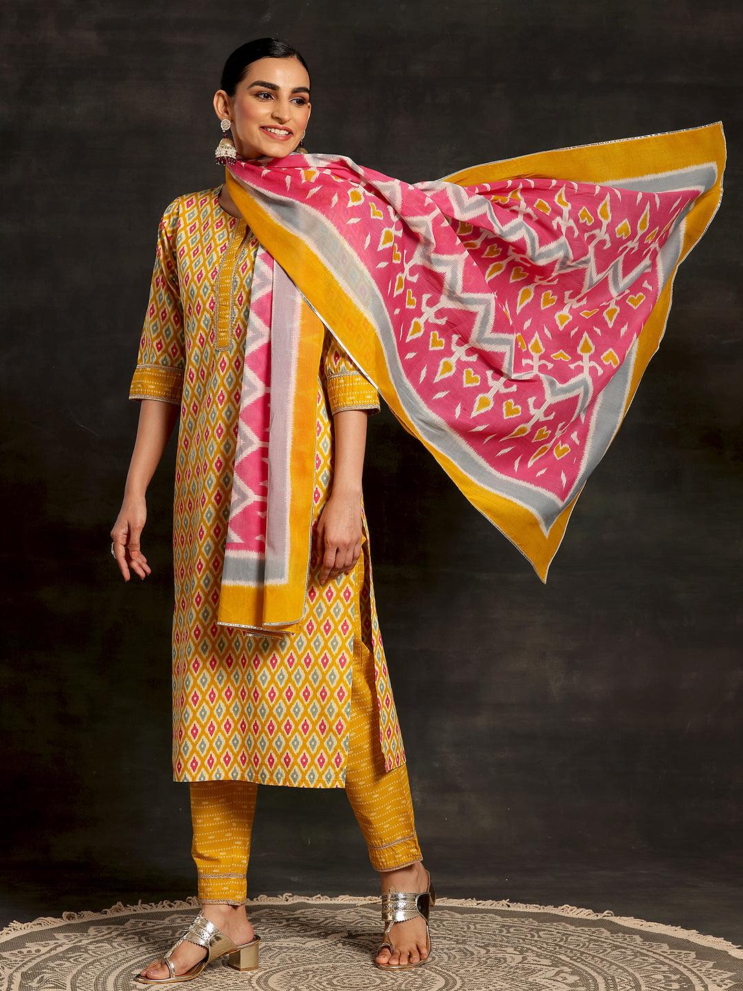 Mustard Printed Cotton Straight Suit With Dupatta - Libas