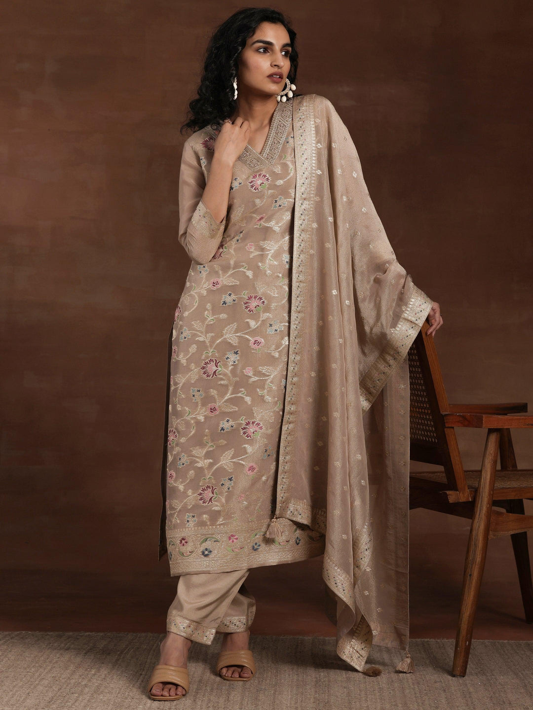 Brown Woven Design Chanderi Silk Straight Suit With Dupatta - Libas 