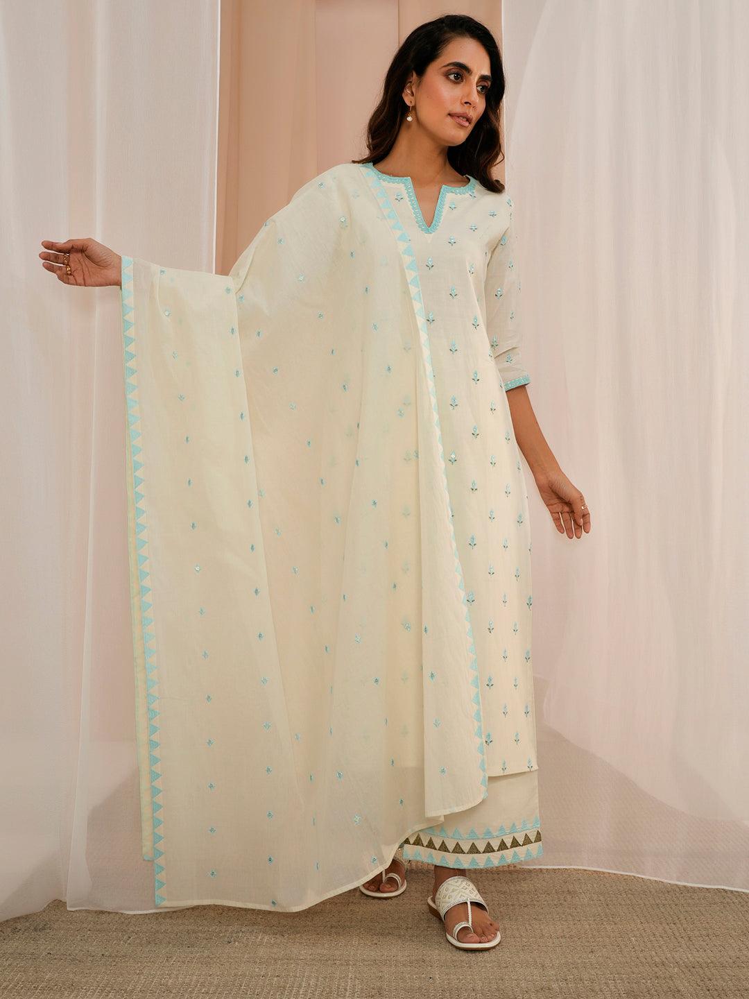 Off White Embroidered Cotton Straight Suit With Dupatta - Libas