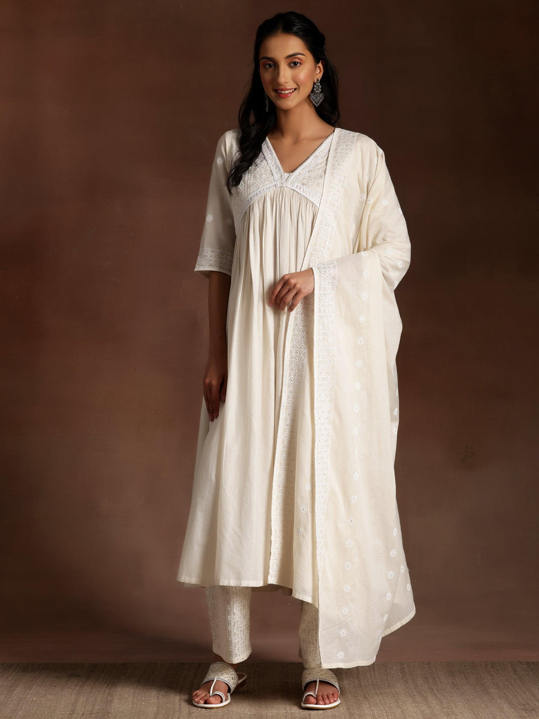 Alizeh Off white Embroidered Cotton A-Line Kurta With Palazzos & Dupatta - Libas 