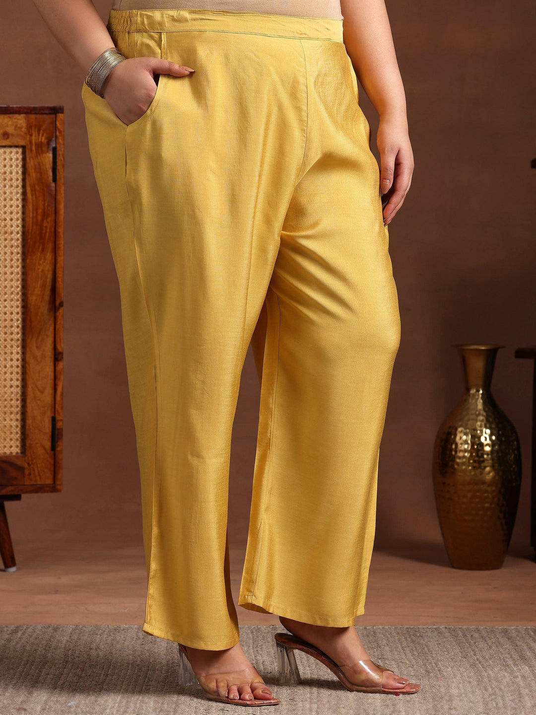 Plus Size Yellow Yoke Design Silk Blend A-Line Kurta With Trousers - Libas