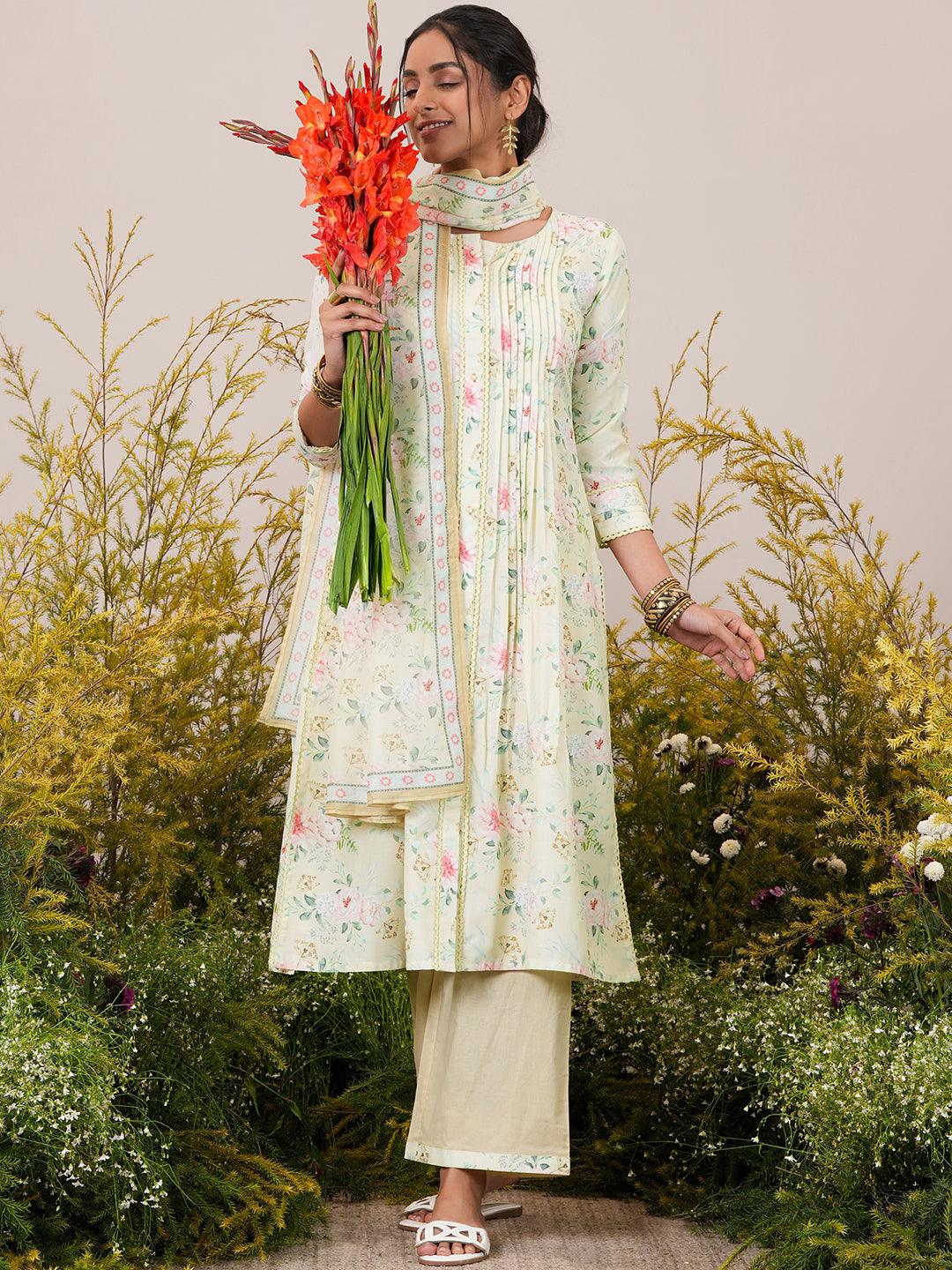 Yellow Printed Cotton Blend A-Line Kurta With Palazzos & Dupatta - Libas 