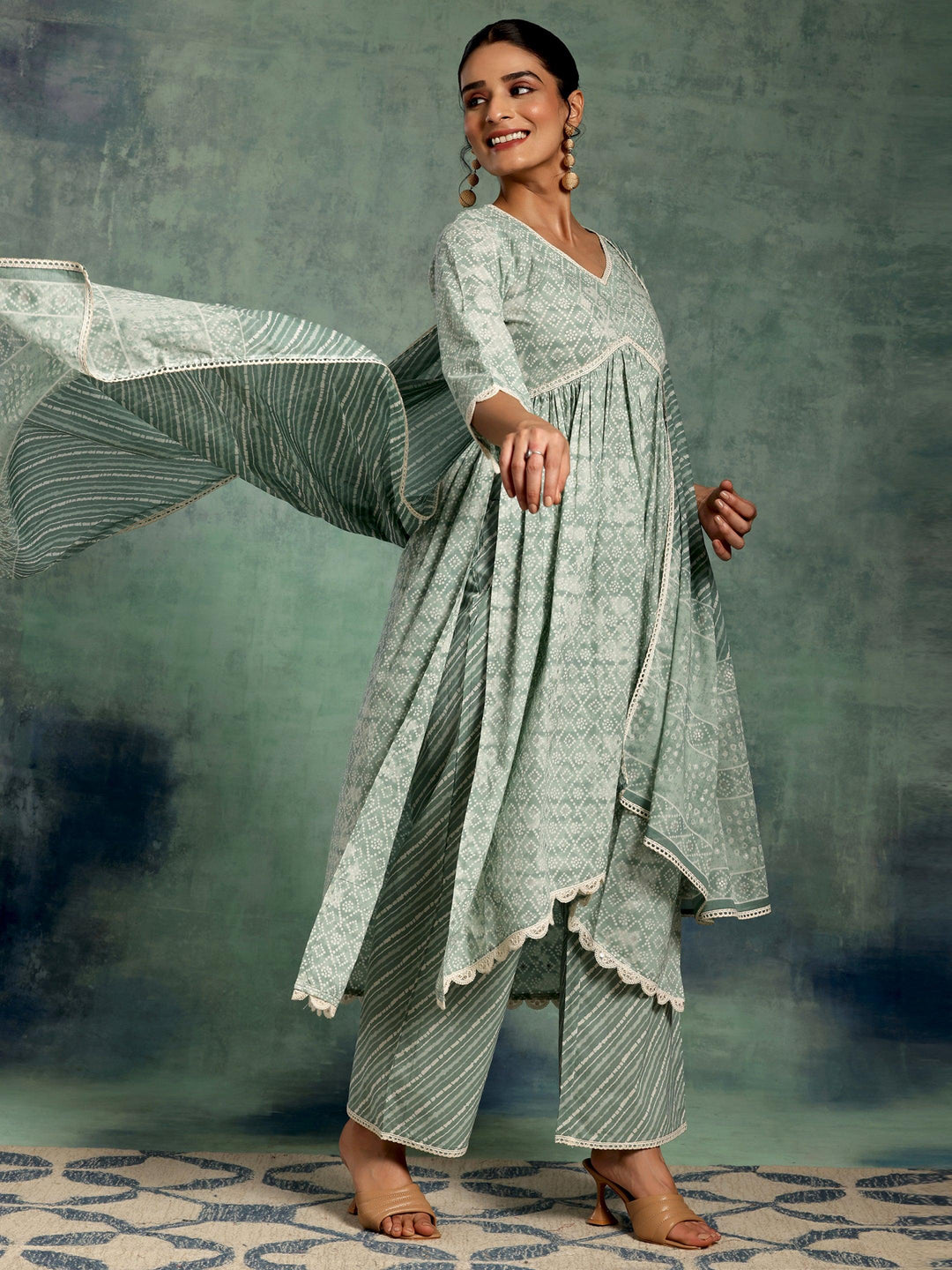 Green Printed Cotton A-Line Kurta With Palazzos & Dupatta - Libas 