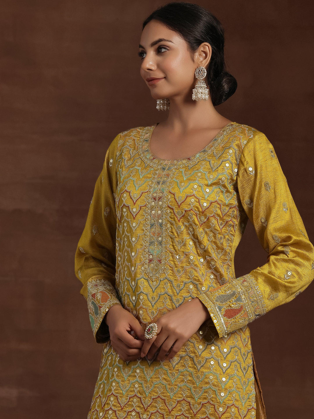 Mustard Embroidered Silk Blend Straight Kurta With Palazzos & Dupatta - Libas 