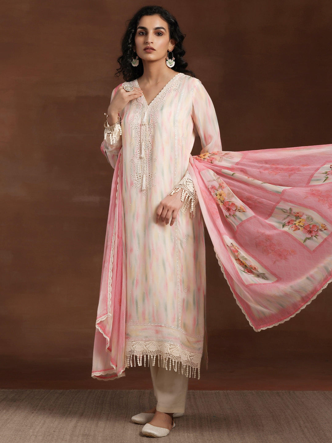 Beige Embroidered Organza Straight Suit With Dupatta - Libas 