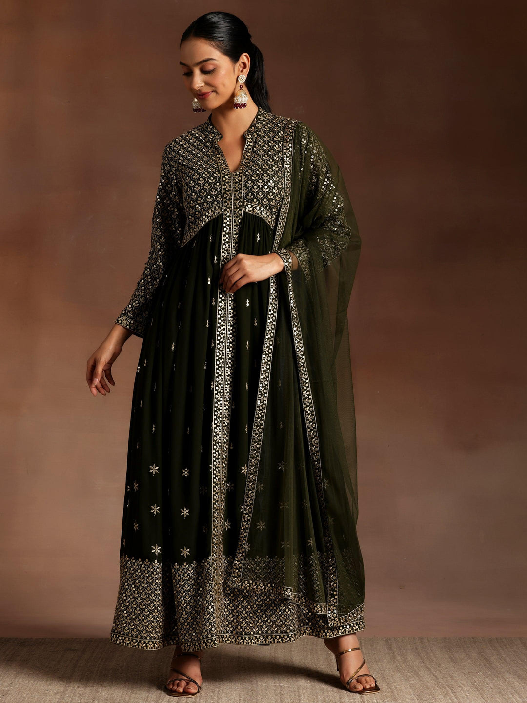 Olive Embroidered Georgette A-Line Kurta With Trousers & Dupatta - Libas