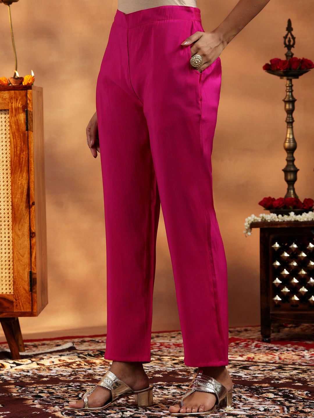 Pink Solid Silk Blend Straight Suit With Dupatta - Libas 