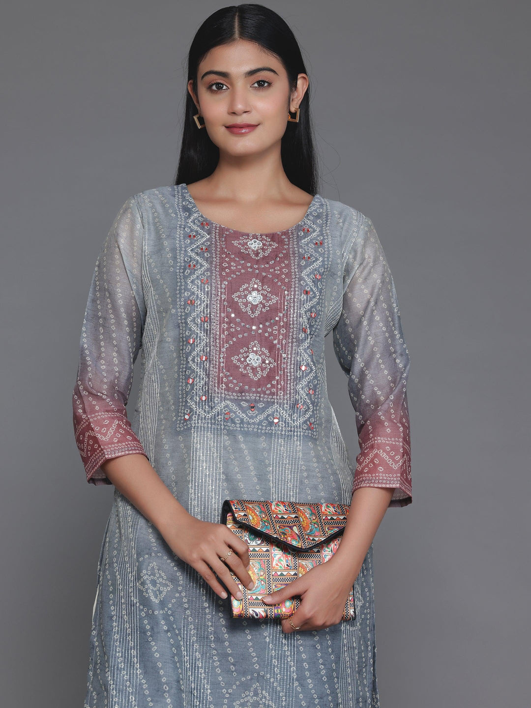 Grey Embellished Chanderi Silk Straight Kurta - Libas