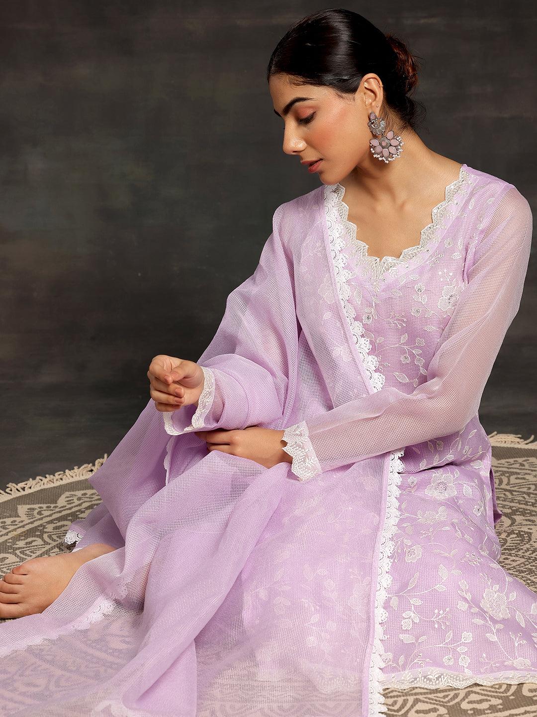 Lavender Embroidered Cotton Straight Suit With Dupatta - Libas 