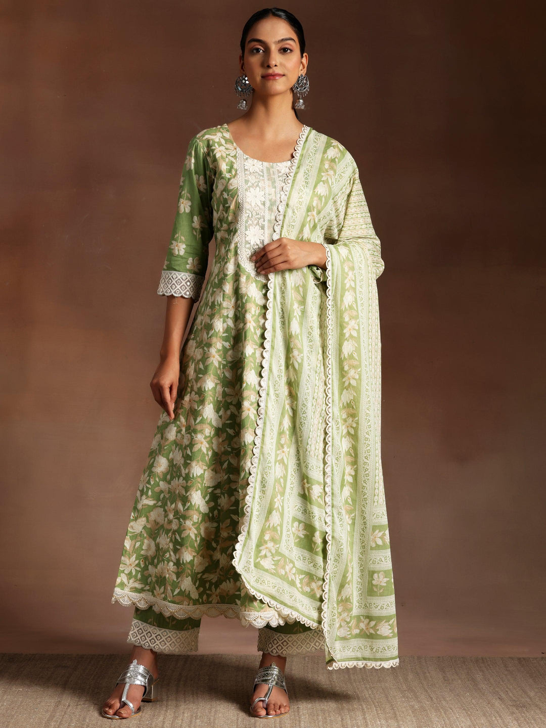 Green Printed Cotton A-Line Kurta With Trousers & Dupatta - Libas 