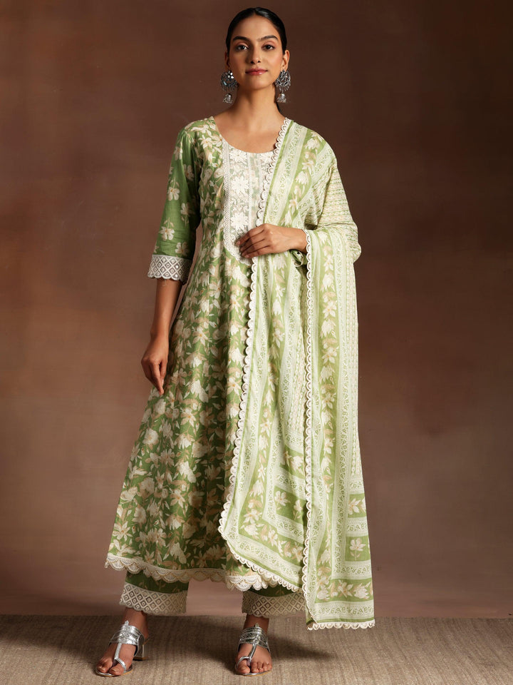 Green Printed Cotton A-Line Kurta With Trousers & Dupatta - Libas