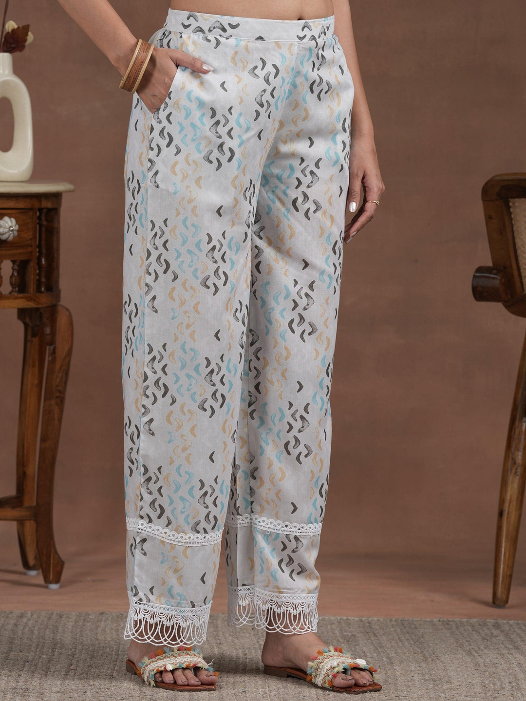 Off white Printed Cotton A-Line Kurta With Palazzos - Libas