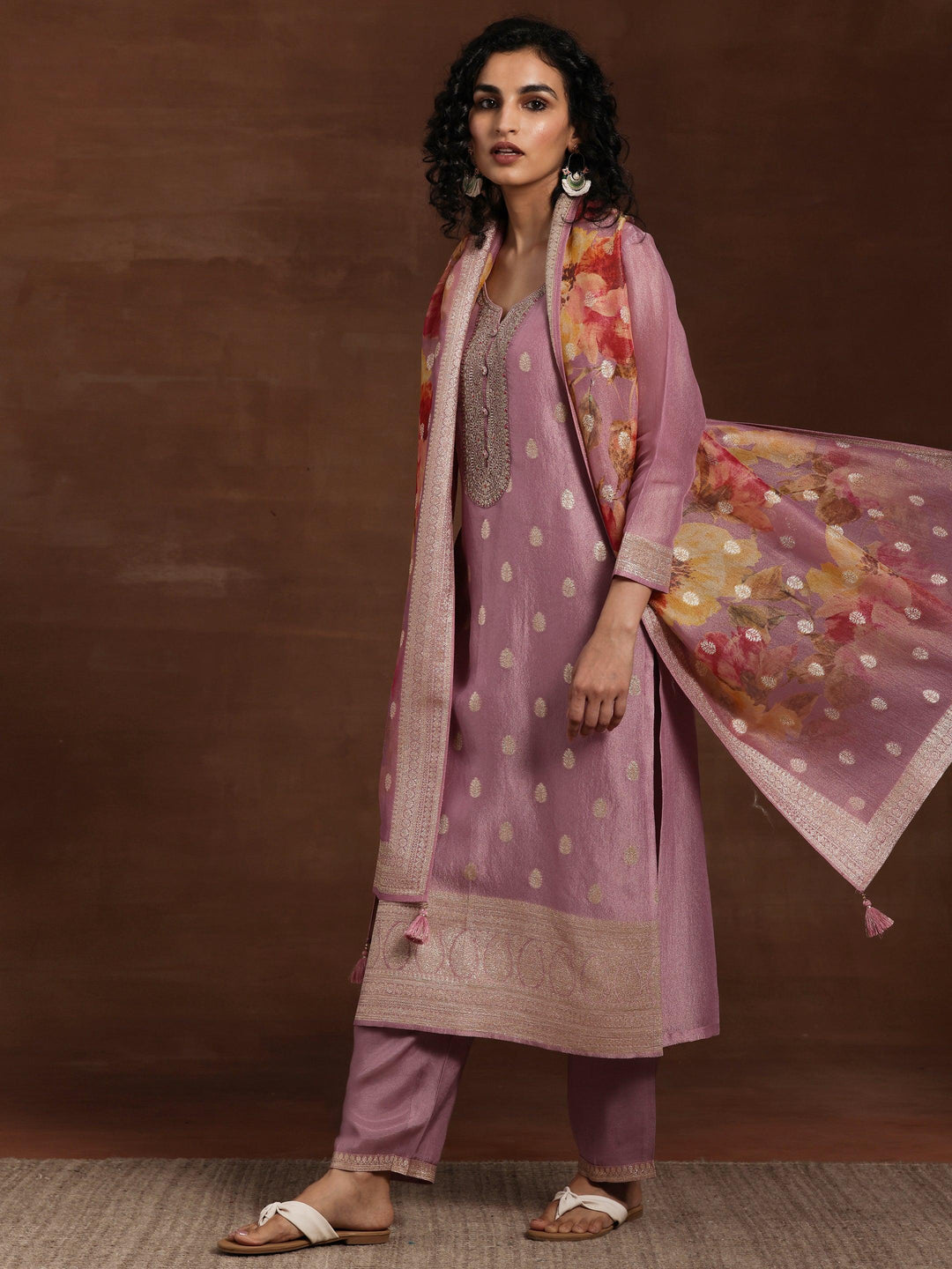 Mauve Woven Design Silk Blend Straight Kurta With Palazzos & Dupatta - Libas