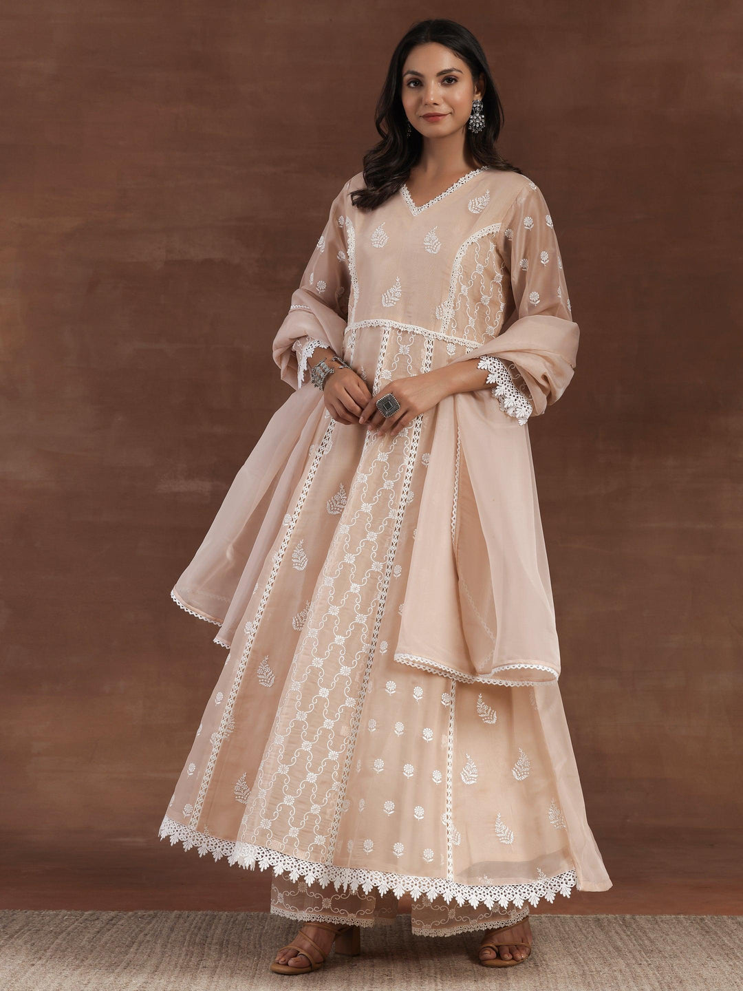 Nude Embroidered Organza A-Line Kurta With Palazzos & Dupatta - Libas 