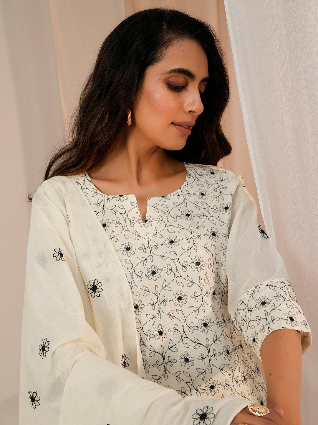 Off White Embroidered Cotton Straight Suit With Dupatta - Libas 