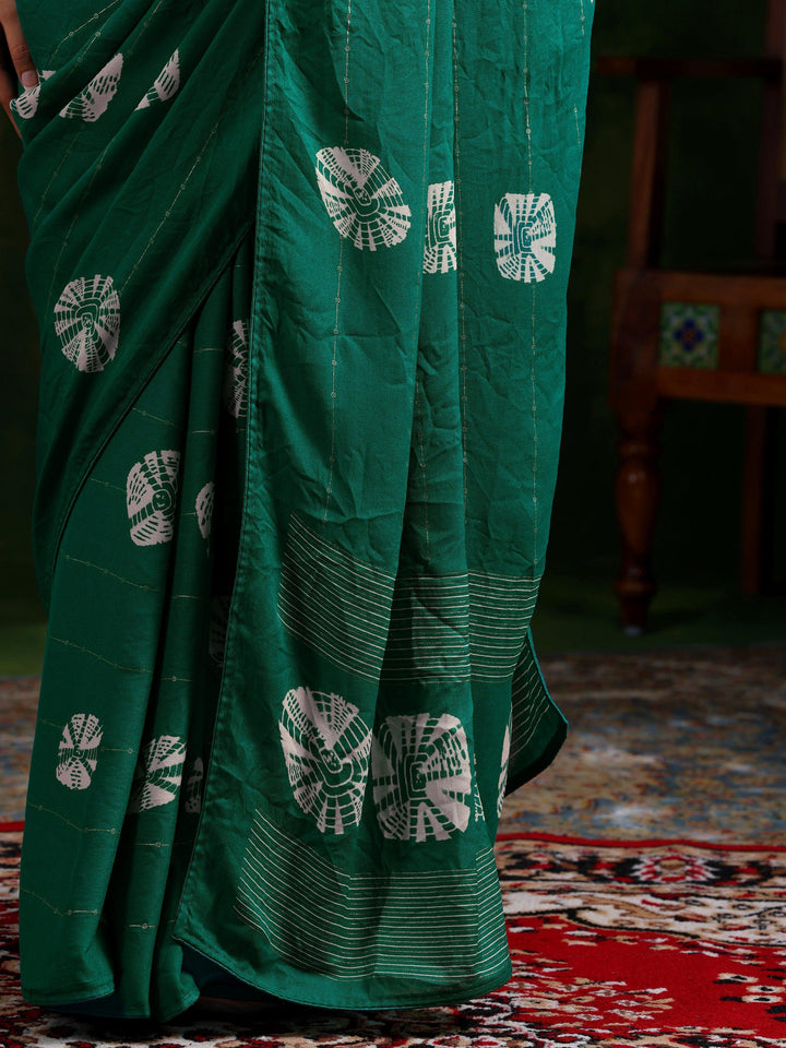 Rama Green Printed Poly Chiffon Saree With Unstitched Blouse Piece - Libas