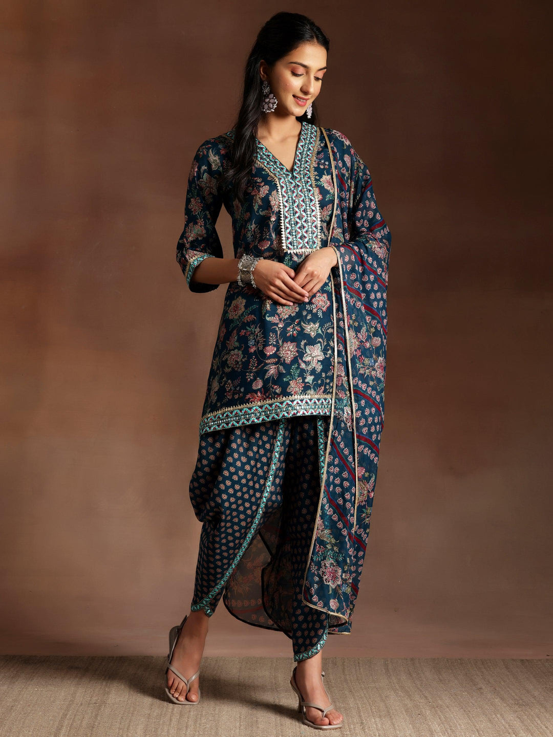 Blue Printed Silk Blend Straight Suit With Dupatta - Libas 