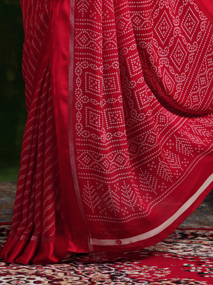 Red Printed Satin Saree With Unstitched Blouse Piece - Libas