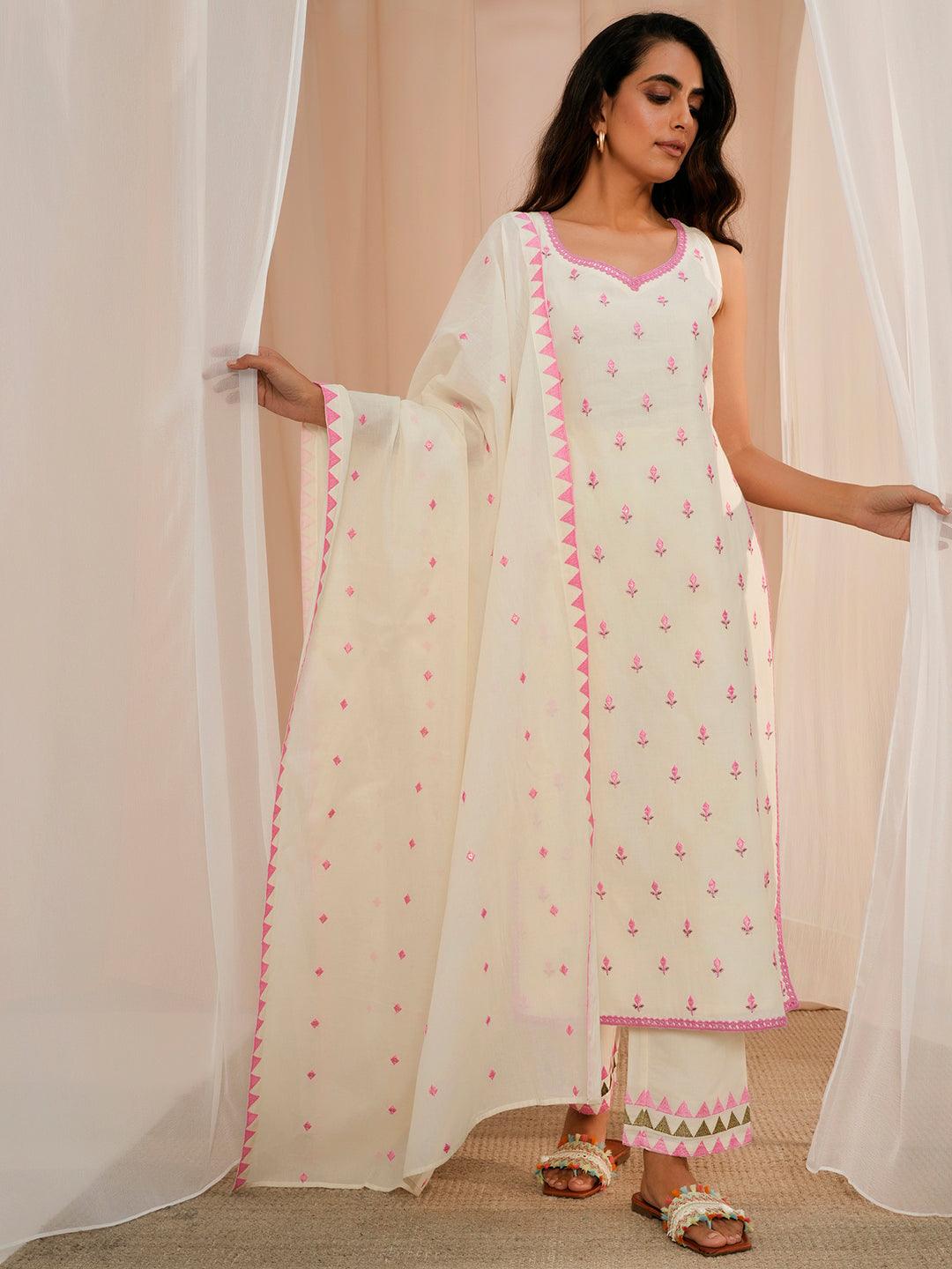 Off White Embroidered Cotton Straight Suit With Dupatta - Libas 