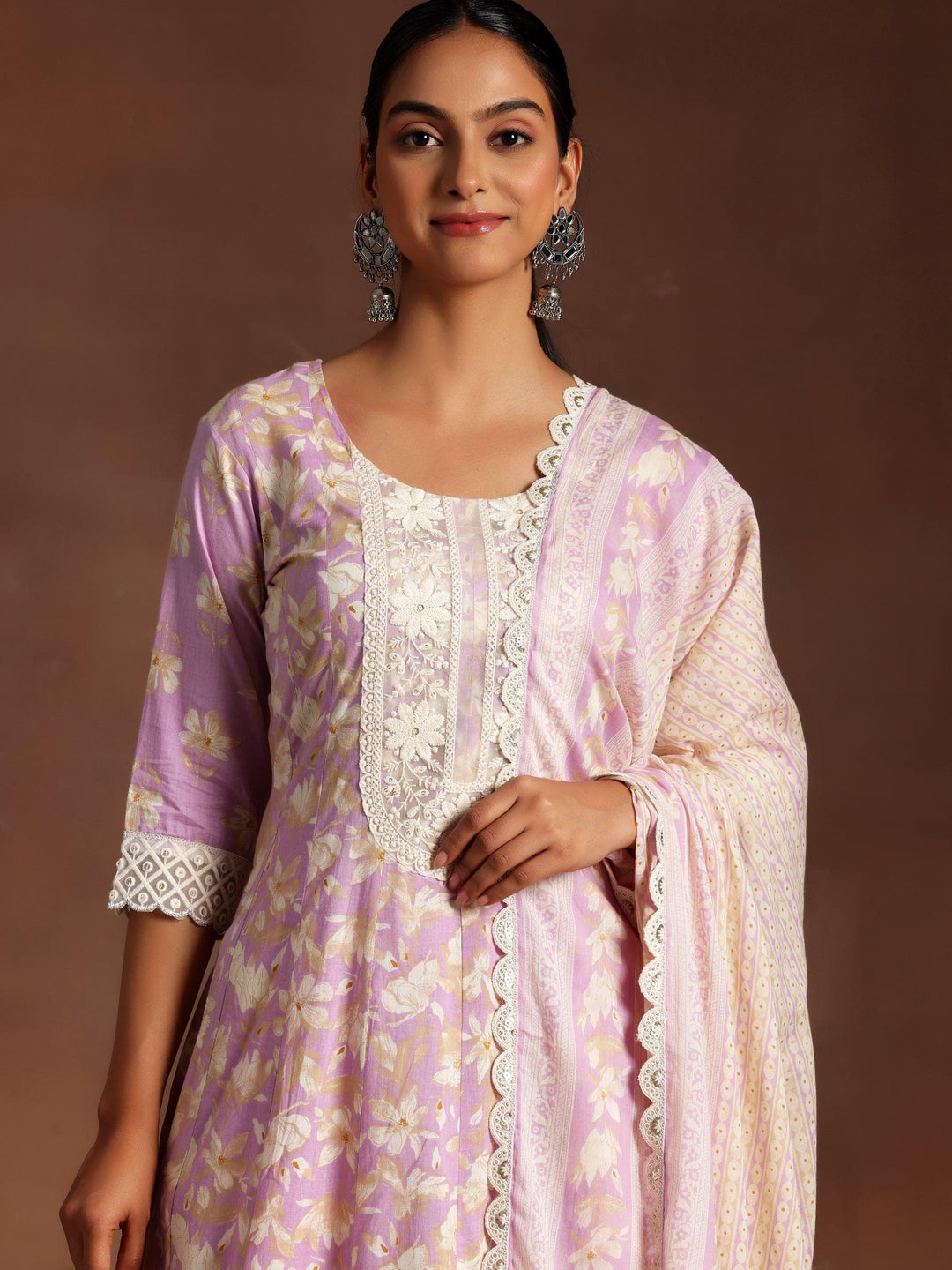 Dilbaro Purple Printed Cotton A-Line Kurta With Trousers & Dupatta - Libas 