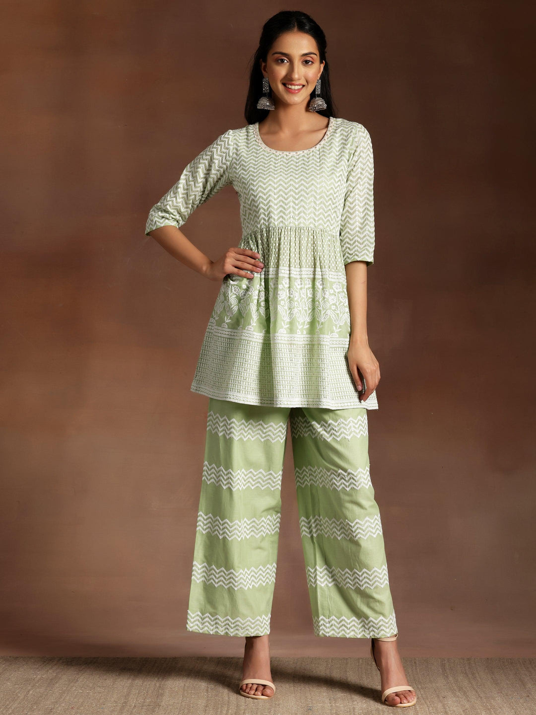 Green Embroidered Cotton Co-Ords - Libas 