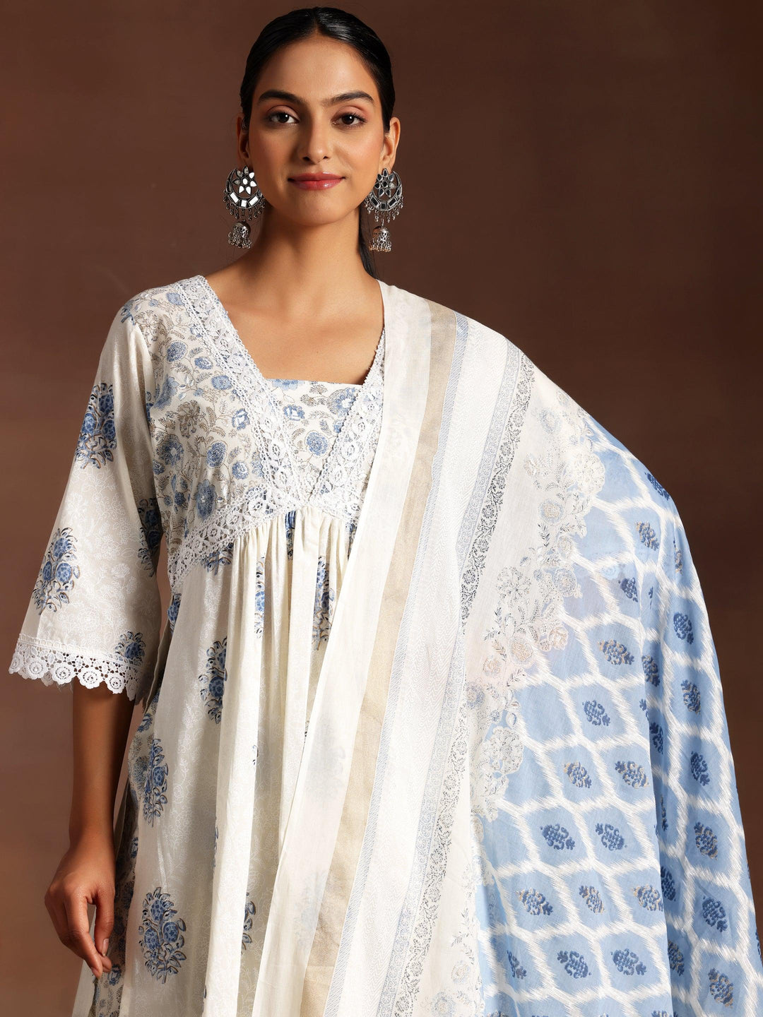 Gauhar White Printed Cotton A-Line Kurta With Salwar & Dupatta - Libas