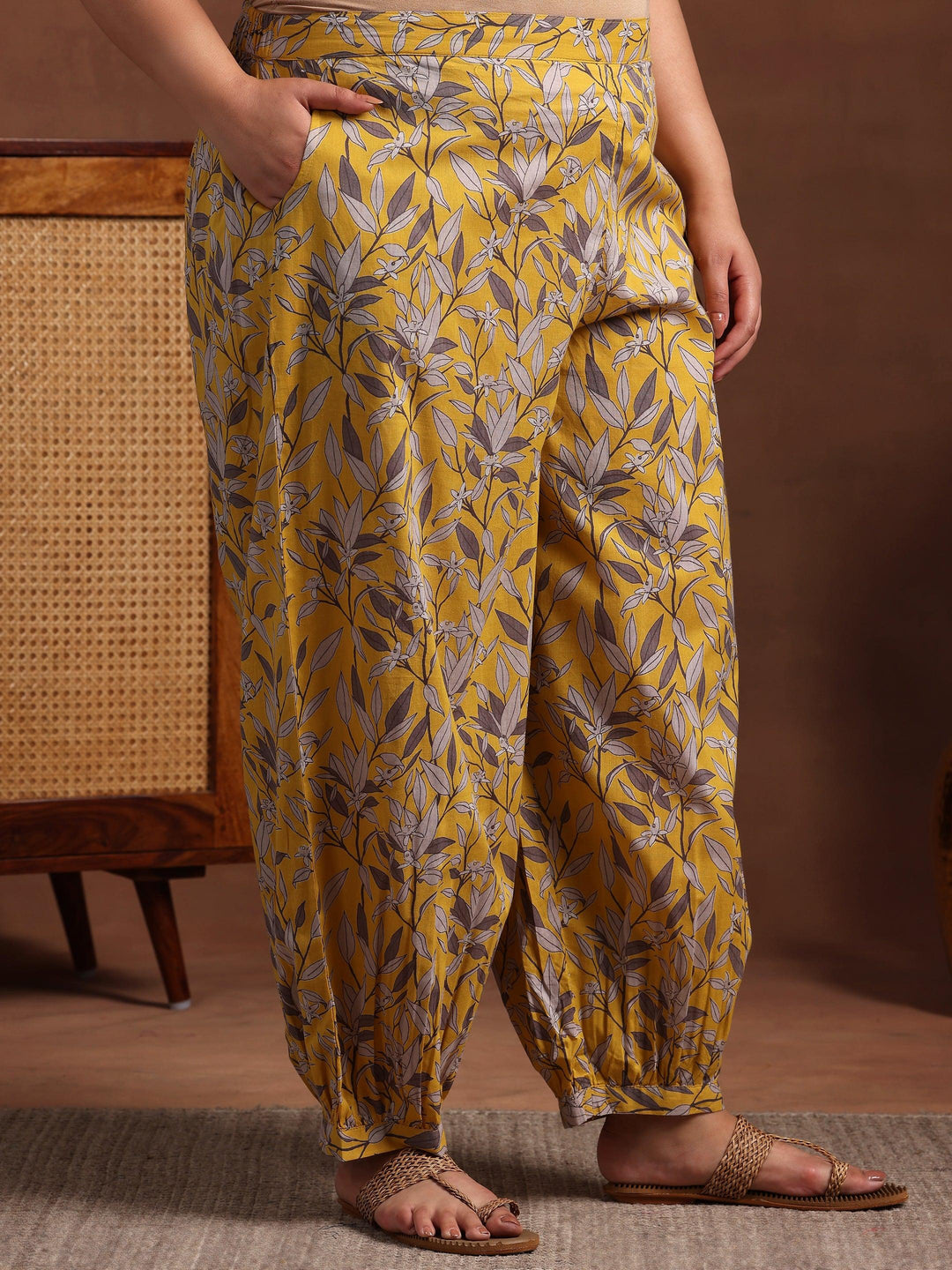 Plus Size Mustard Printed Cotton Pathani Kurta With Salwar - Libas