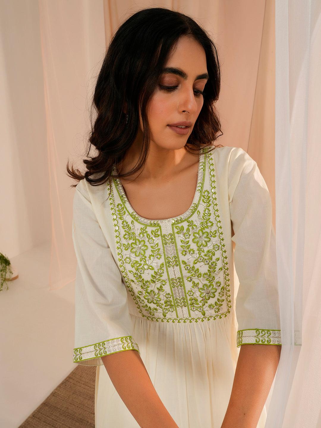 Off White Yoke Design Cotton A-Line Kurta - Libas 