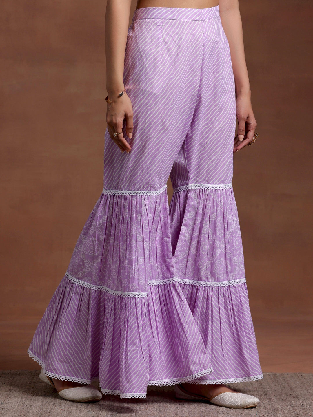 Purple Printed Cotton A-Line Kurta With Sharara & Dupatta - Libas