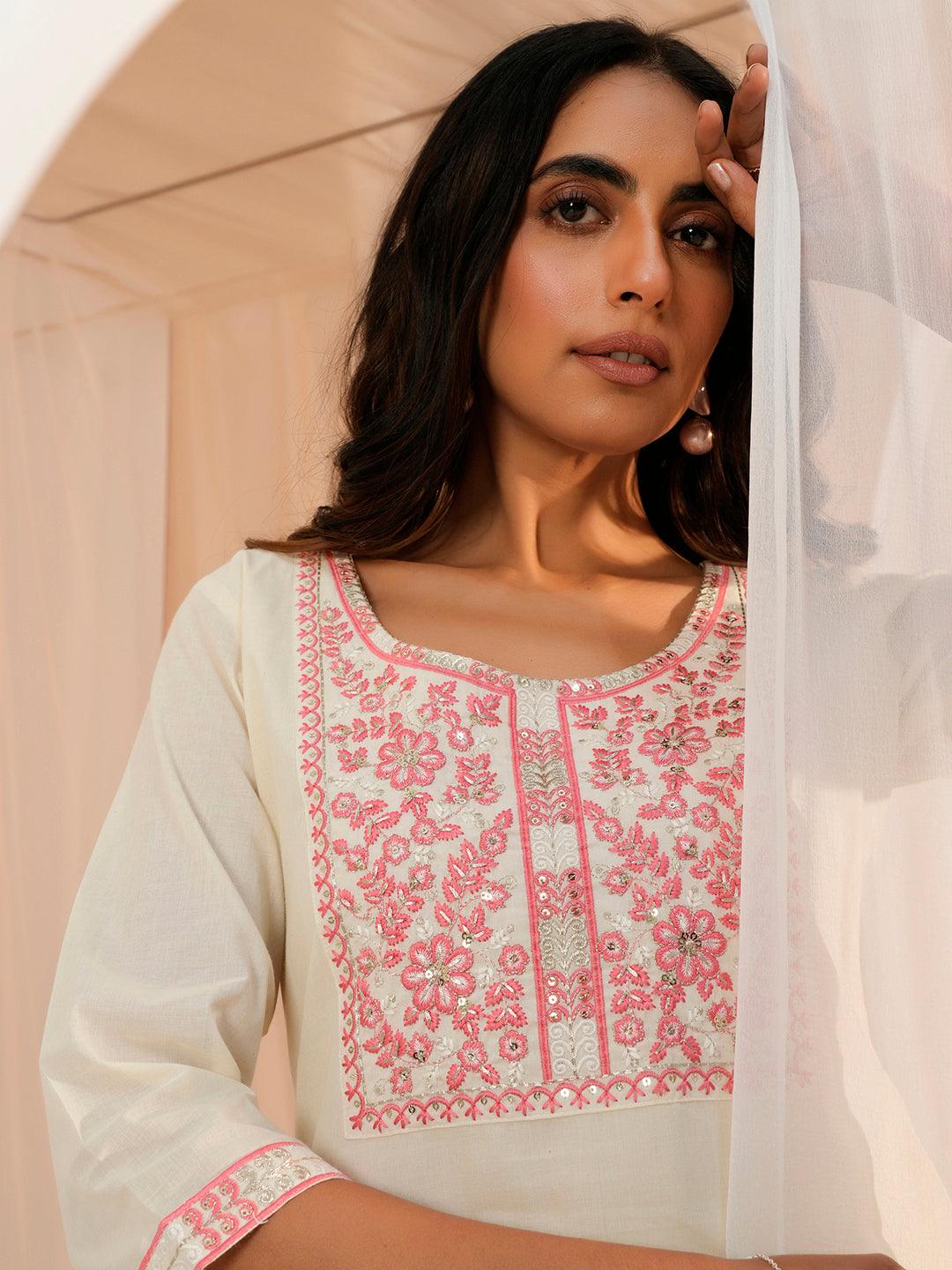 Off White Yoke Design Cotton Straight Kurta - Libas 