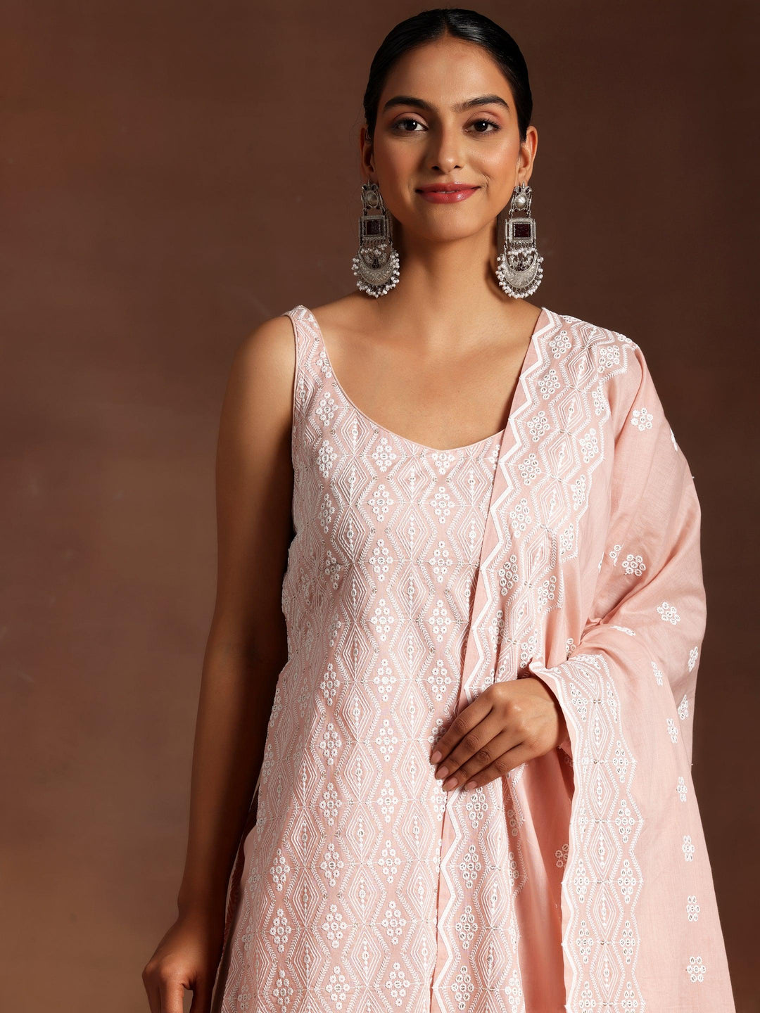 Peach Embroidered Cotton Straight Suit With Dupatta - Libas