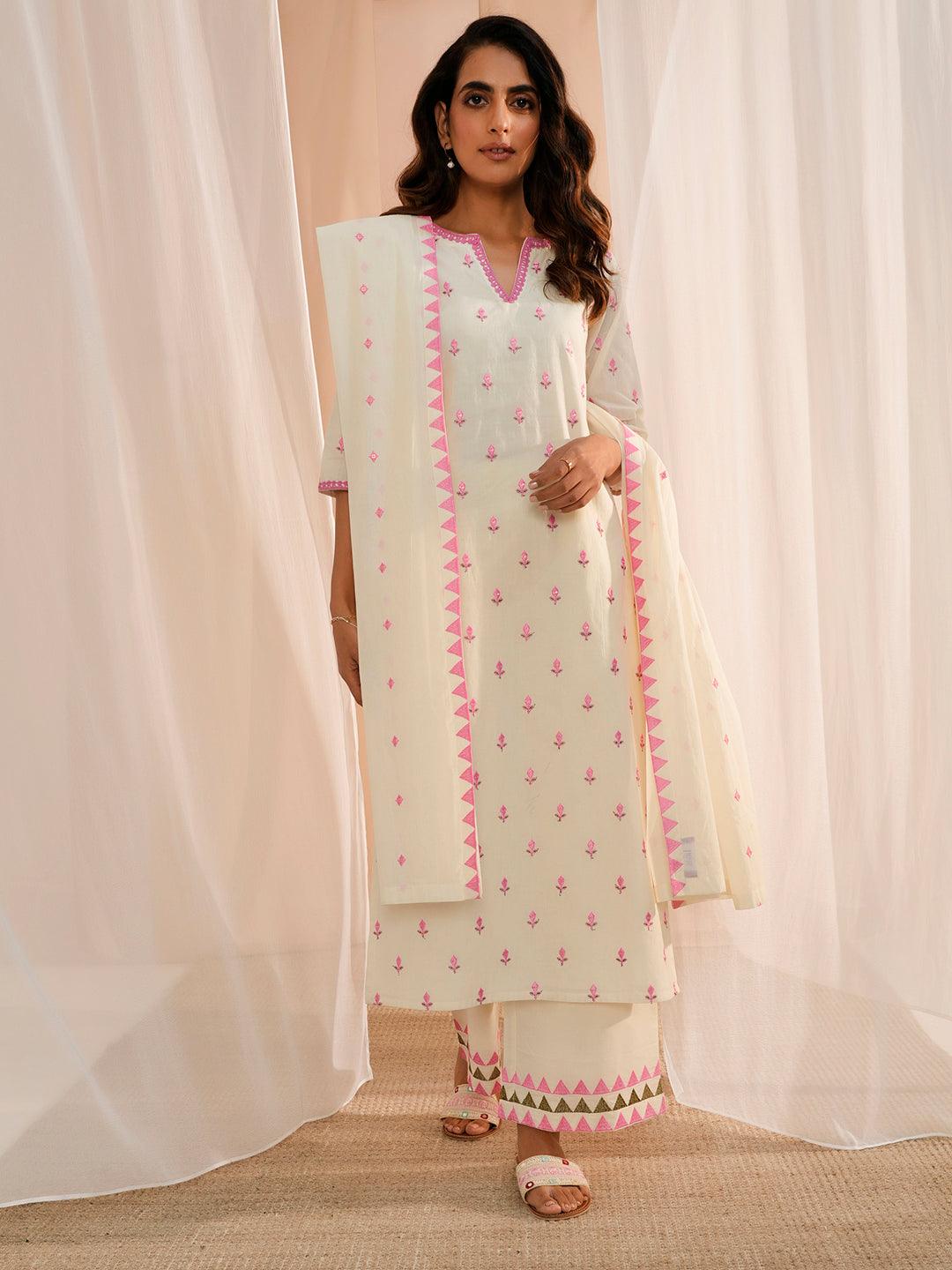 Off White Embroidered Cotton Straight Suit With Dupatta - Libas