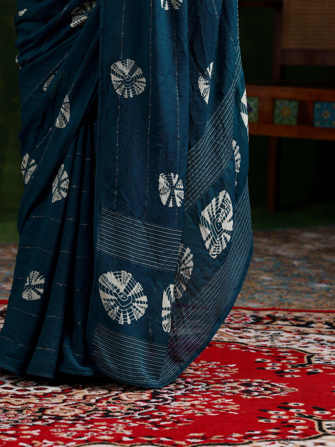 Teal Printed Poly Chiffon Saree With Unstitched Blouse Piece - Libas 