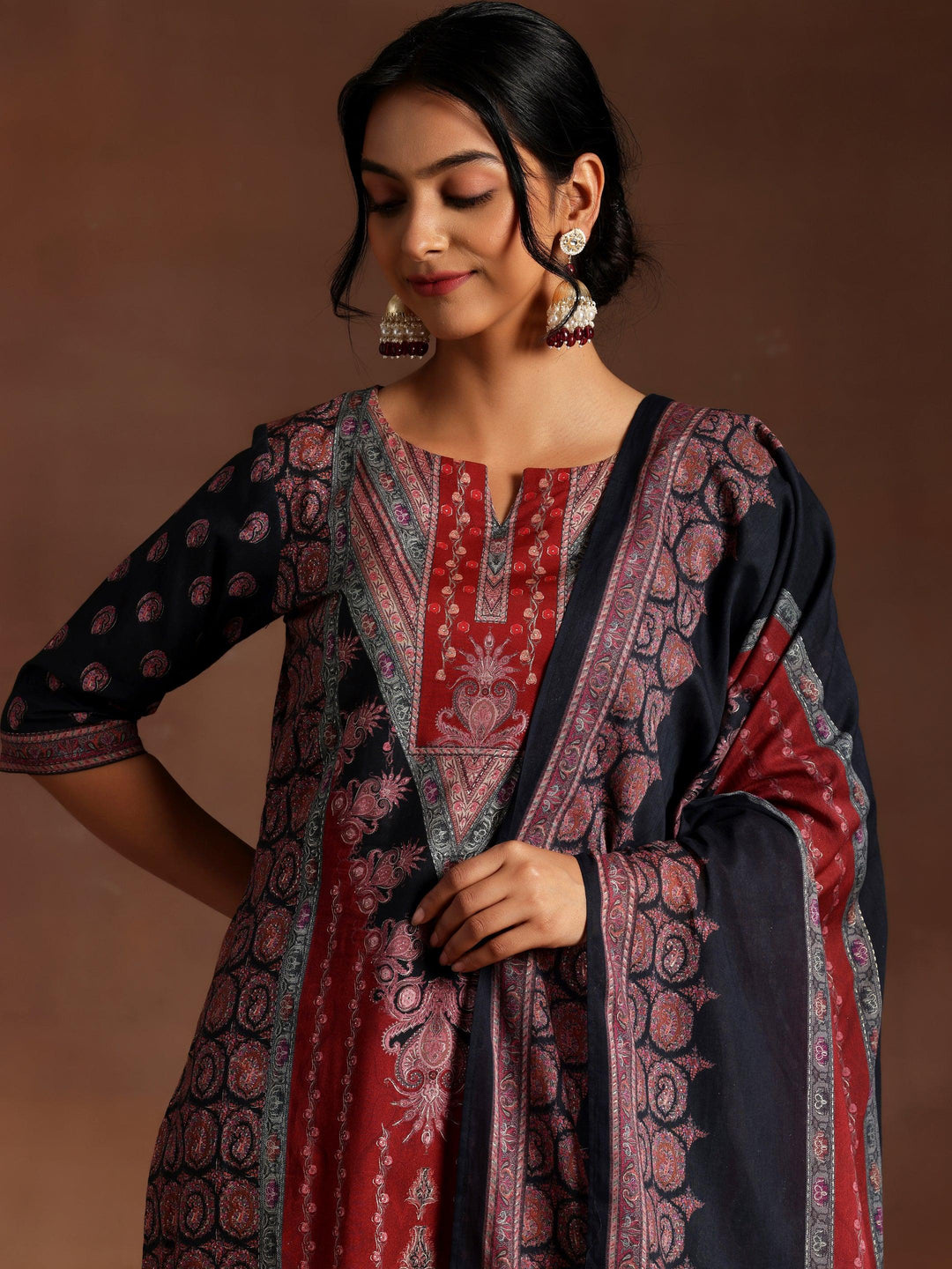 Black Printed Cotton Straight Suit With Dupatta - Libas