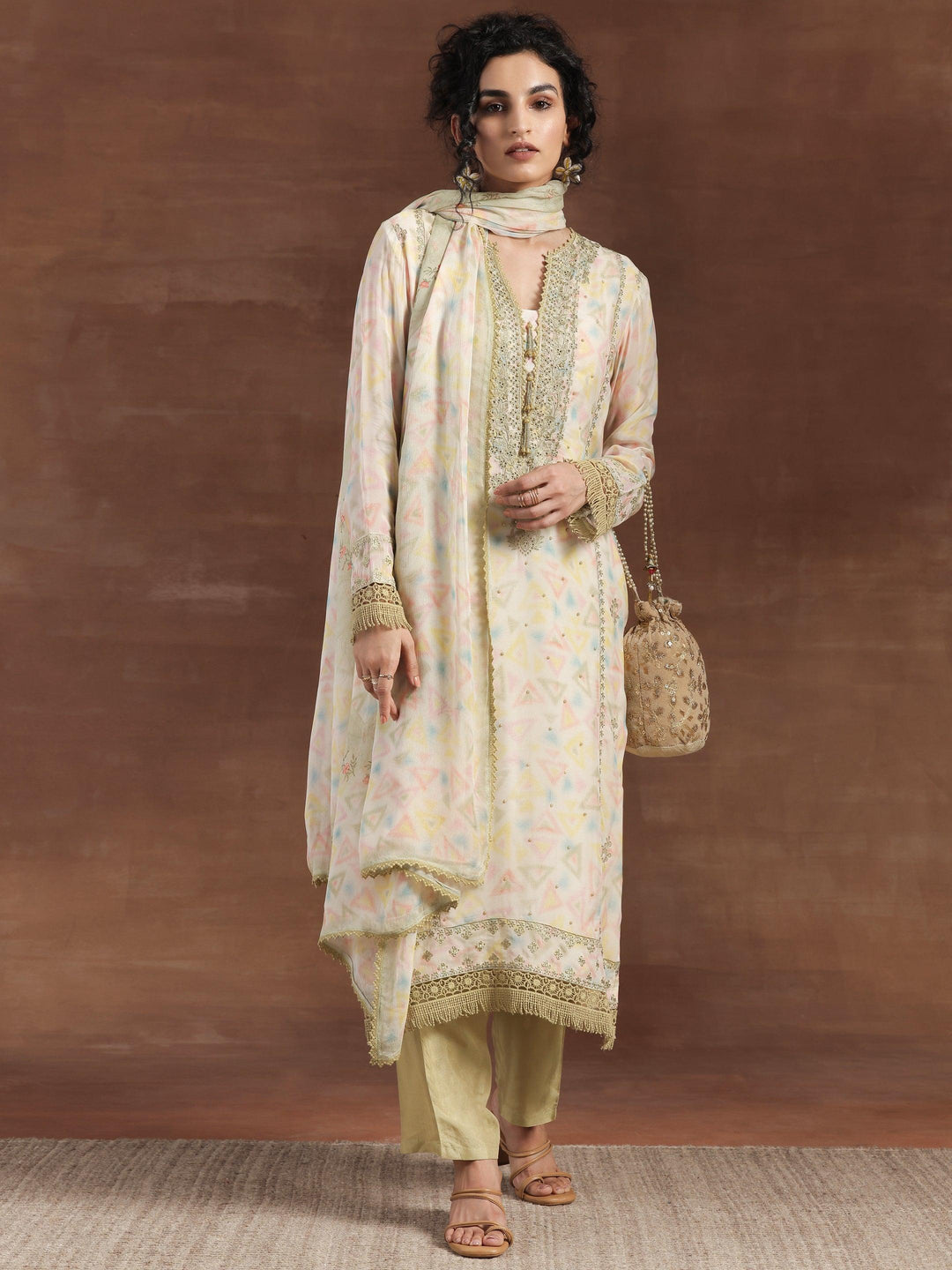 Olive Embroidered Organza Straight Suit With Dupatta - Libas 