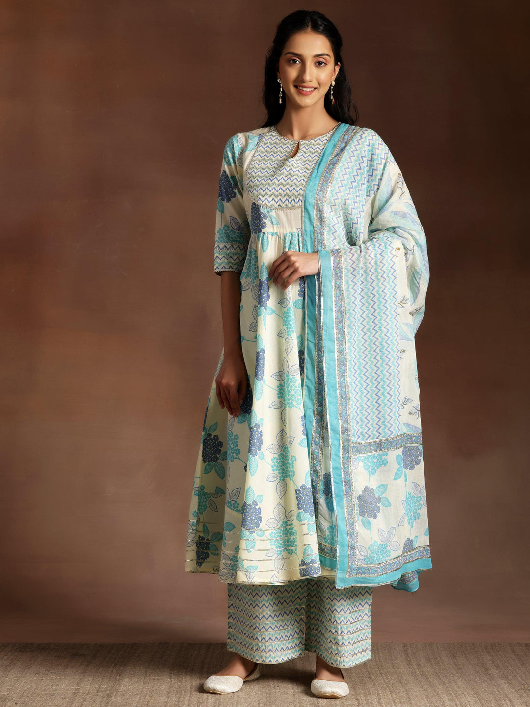 Turquoise Printed Cotton Anarkali Suit With Dupatta - Libas 