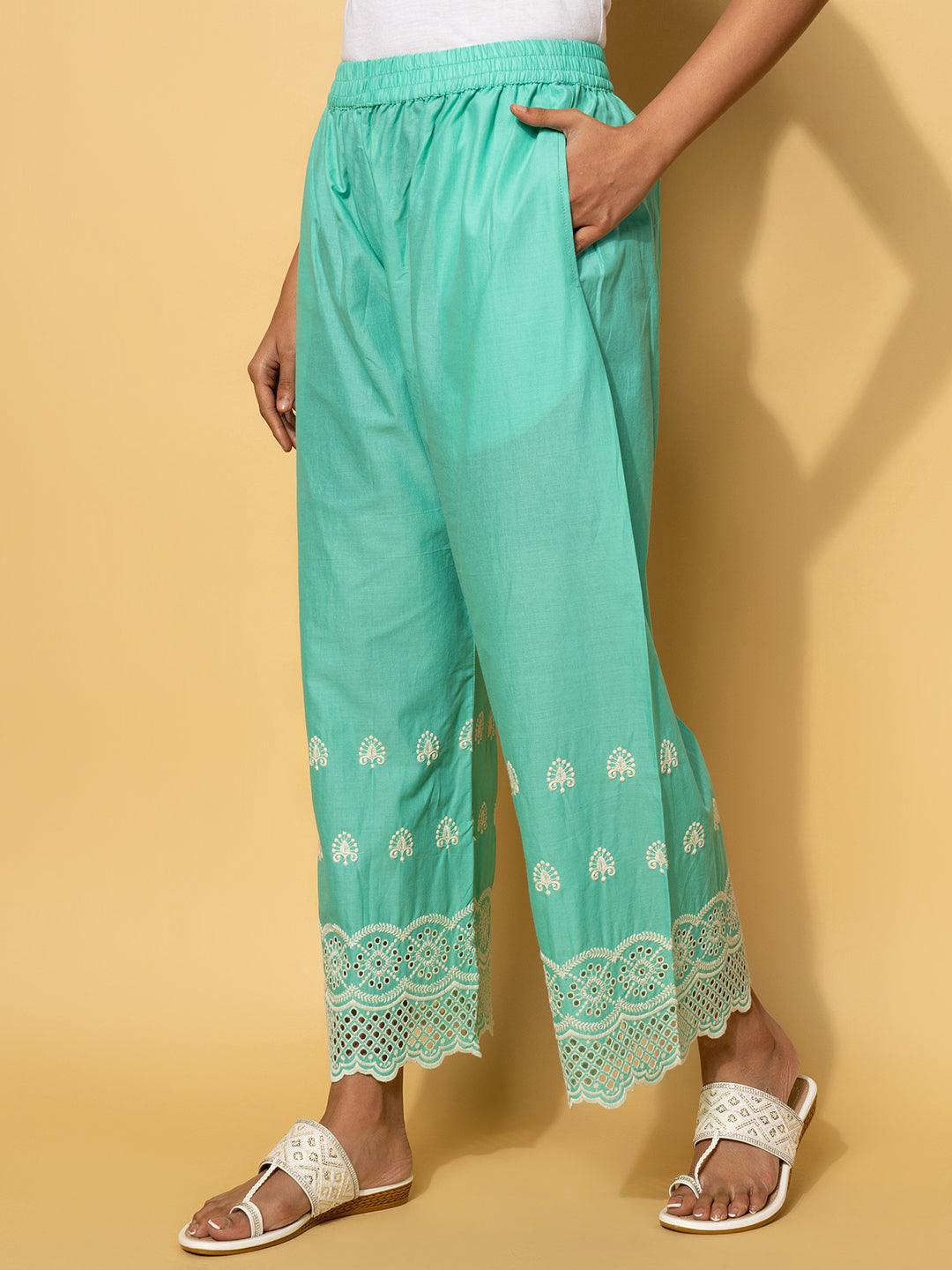 Green Embroidered Cotton Co-Ords - Libas