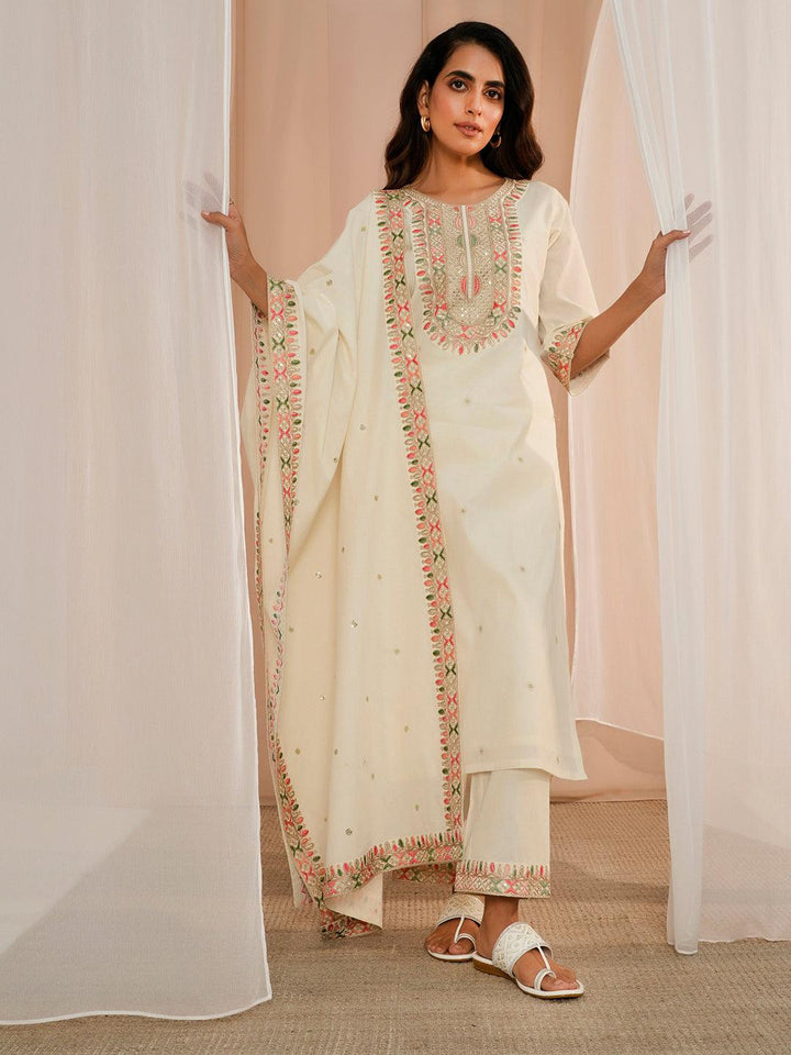 Off White Embroidered Cotton Straight Suit With Dupatta - Libas