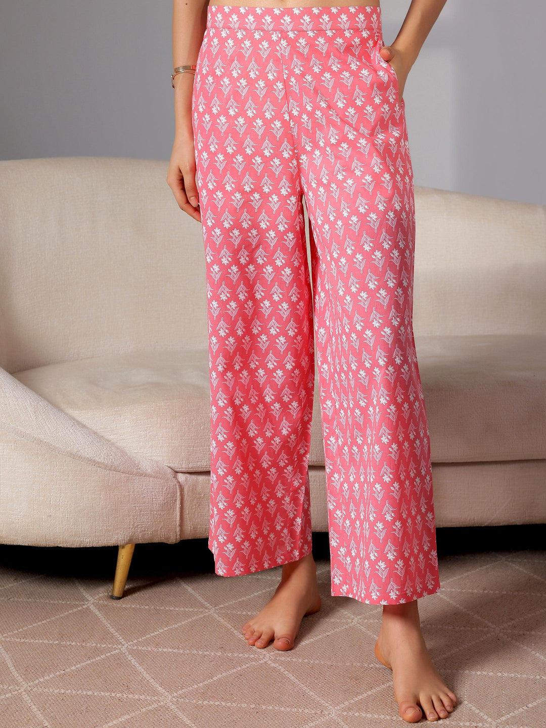 Peach Printed Cotton Night Suits - Libas