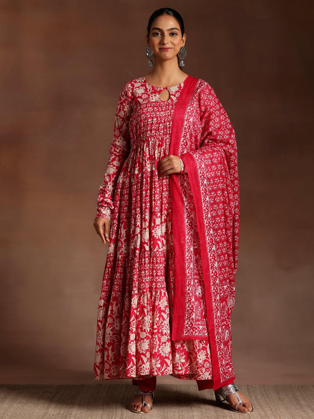 Kashish Pink Printed Cotton A-Line Kurta With Trousers & Dupatta - Libas