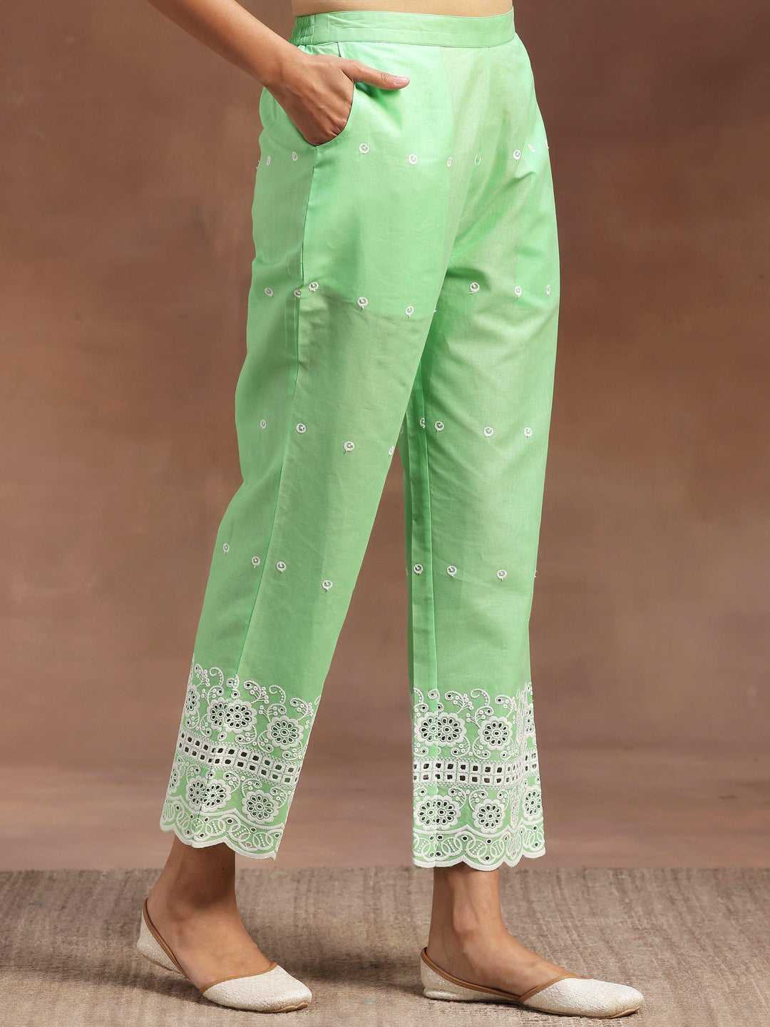 Green Self Design Cotton Anarkali Kurta With Trousers - Libas 