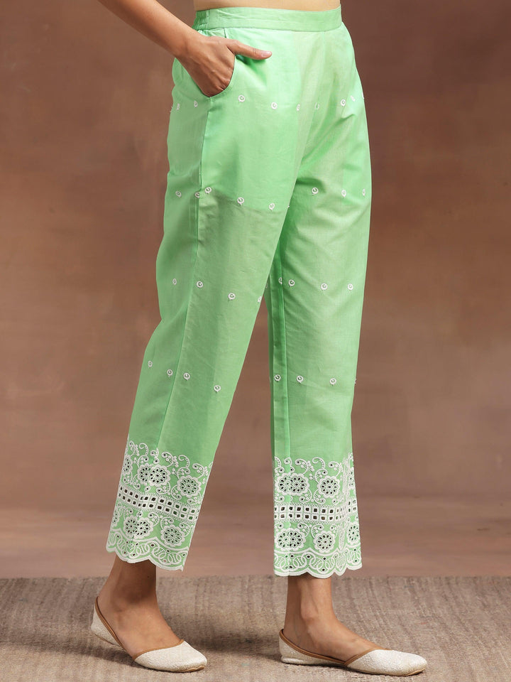 Green Self Design Cotton Anarkali Kurta With Trousers - Libas