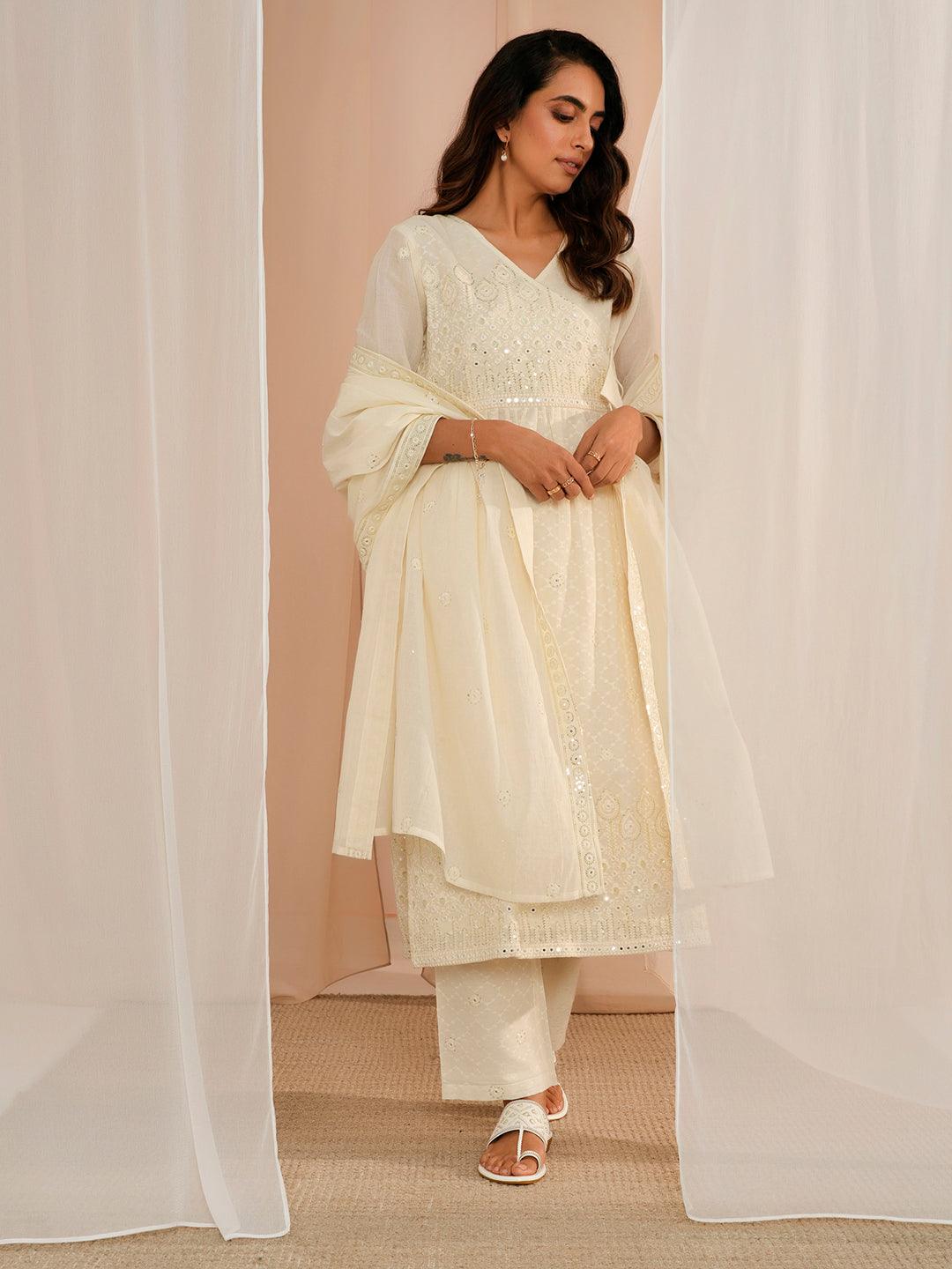 Off White Embroidered Cotton A-Line Kurta With Trousers & Dupatta - Libas 